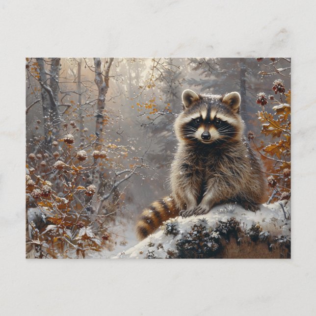 Cute Racoon During Winter Oil Painting Postcard (Front)