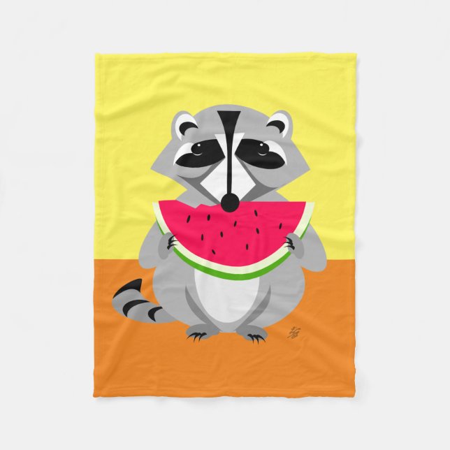 Cute racoon Eating Watermelon Fleece Blanket (Front)