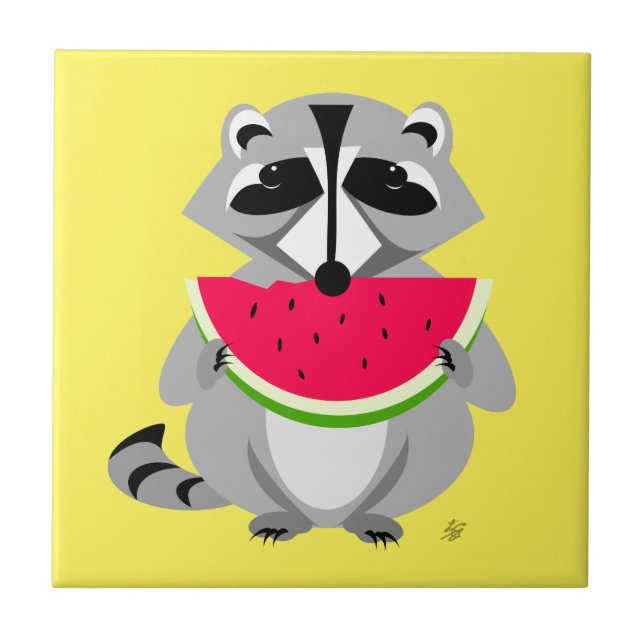 Cute racoon Eating Watermelon Tile (Front)