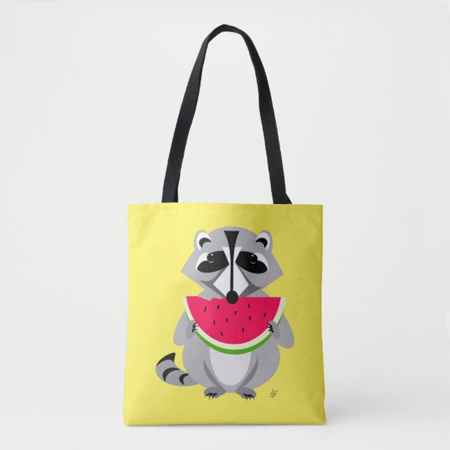Cute racoon Eating Watermelon Tote Bag (Front)