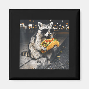 Cute racoon eats taco mexican food magnet