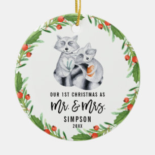 Cute Racoon First Christmas As Mr and Mrs Couple Ceramic Tree Decoration