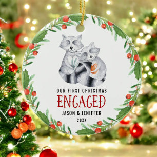 Cute Racoon First Christmas Engaged Couple Ceramic Tree Decoration