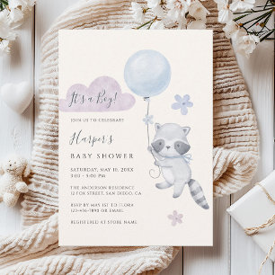 Cute Racoon Flying Balloon Boy Baby Shower Invitation