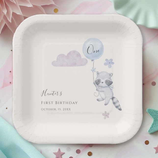 Cute Racoon Flying Balloon Boy First Birthday Paper Plate (Creator Uploaded)