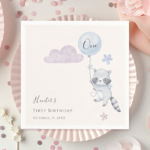 Cute Racoon Flying Balloon First Birthday Napkin