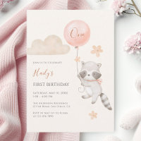 Cute Racoon Flying Balloon Girl First Birthday 