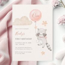Cute Racoon Flying Balloon Girl First Birthday