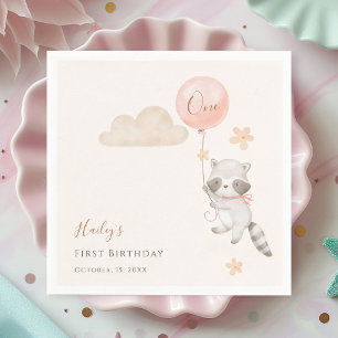 Cute Racoon Flying Balloon Girl First Birthday Napkin