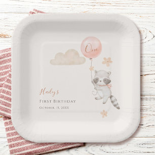 Cute Racoon Flying Balloon Girl First Birthday Paper Plate