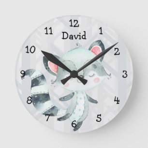 Cute Racoon Forest Woodland Boy Nursery Round Clock