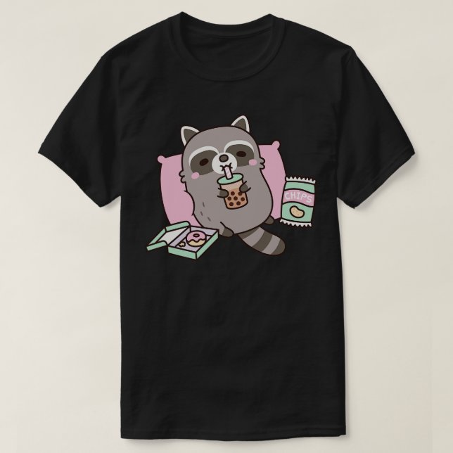 Cute Racoon g With Boba Tea And Snacks T-Shirt (Design Front)
