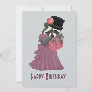 Cute Racoon Girl in a pink dress Happy Birthday Holiday Card