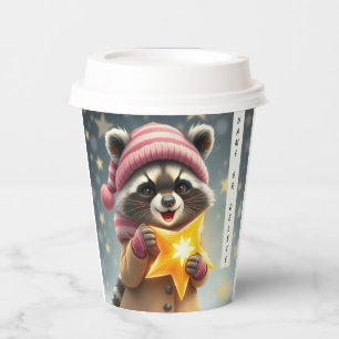 Cute racoon girl pink-sand colour winter outfit  paper cups