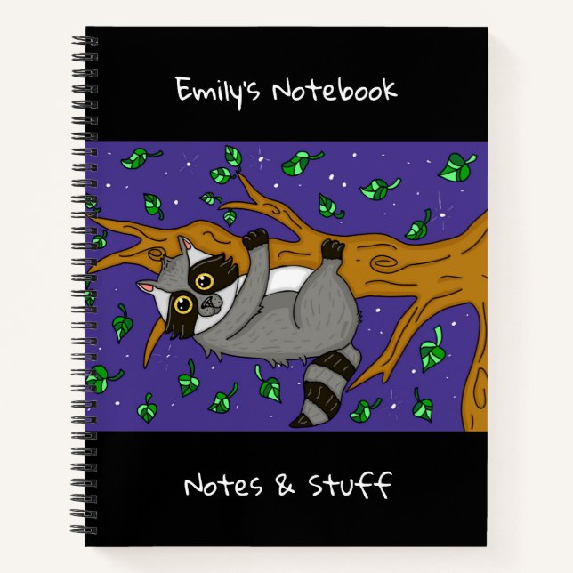 Cute Racoon Hanging from Branch on Starry Night Notebook (Front)