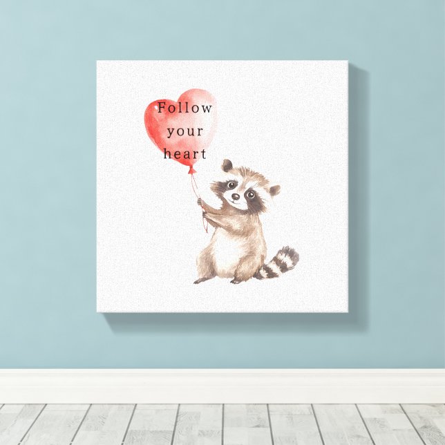 Cute Racoon Heart Balloon Canvas Print (Insitu(Wood Floor))