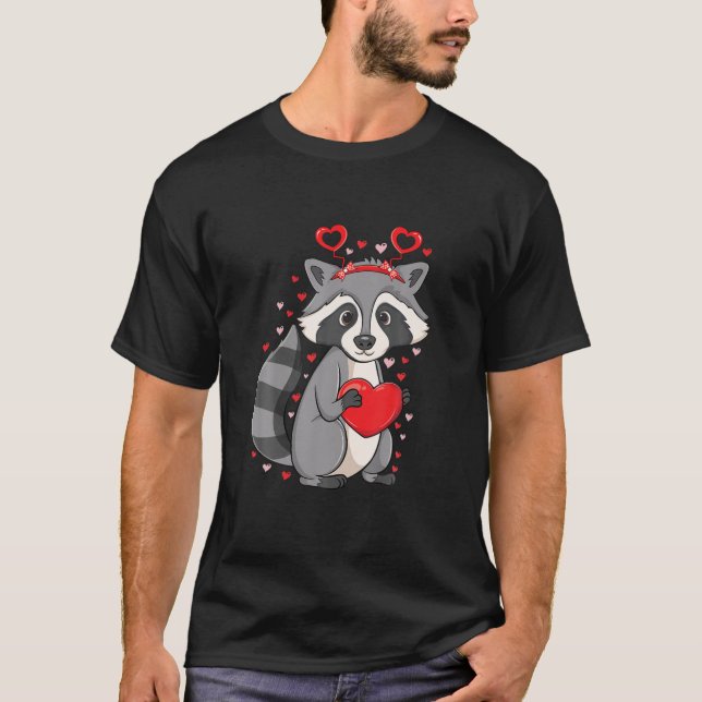 Cute Racoon Holding Hearts Love Pattern Valentine T-Shirt (Front)