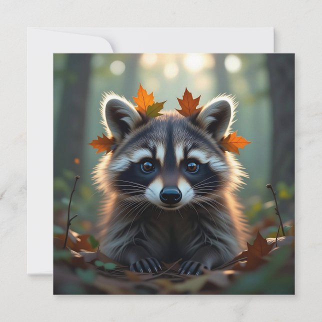 Cute Racoon in Fall Leaves Card (Front)