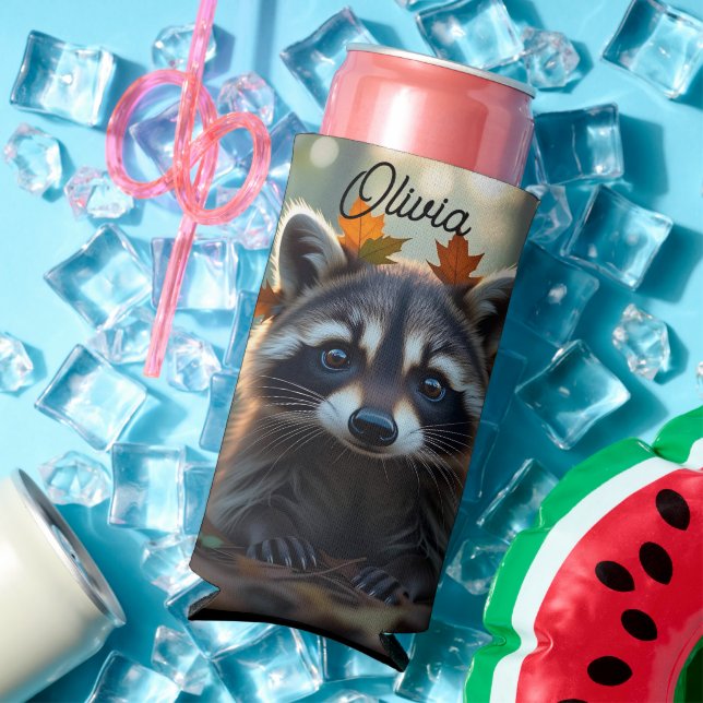 Cute Racoon in Fall Leaves Personalised Seltzer Can Cooler (In Situ Summer)