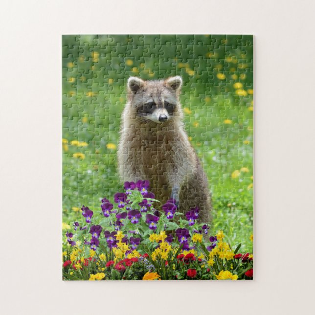 Cute Racoon in Flower Garden Wildlife Jigsaw Puzzle (Vertical)