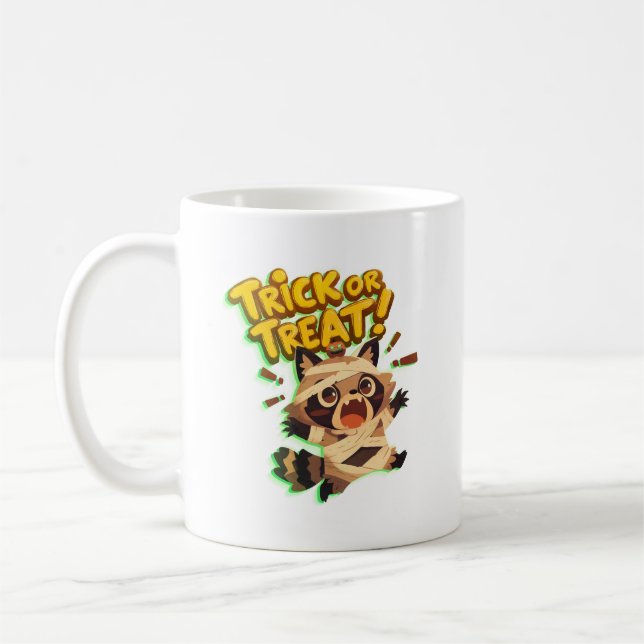 Cute racoon in mummy costume with Trick or Treat  Coffee Mug (Left)