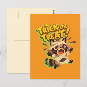 Cute racoon in mummy costume with Trick or Treat Postcard