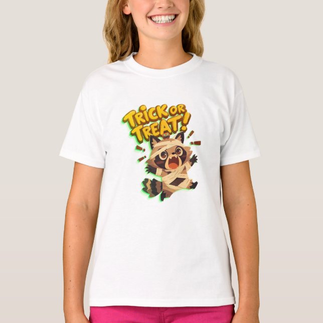 Cute racoon in mummy costume with Trick or Treat  T-Shirt (Front)