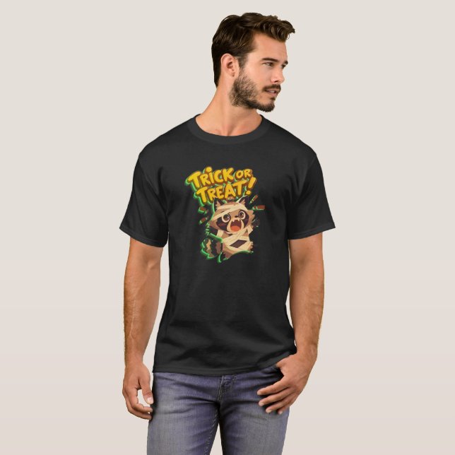 Cute racoon in mummy costume with Trick or Treat  T-Shirt (Front Full)
