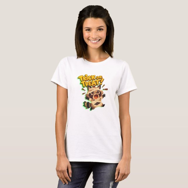 Cute racoon in mummy costume with Trick or Treat  T-Shirt (Front Full)