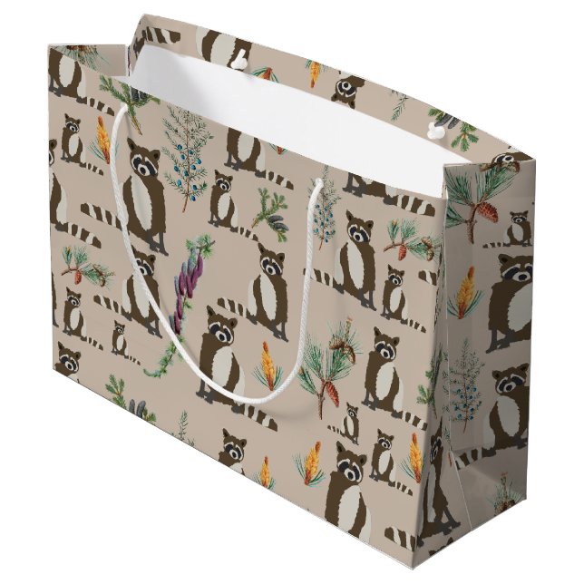 Cute Racoon in Pine Forest Pattern  Large Gift Bag (Back Angled)