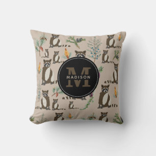 Cute Racoon in Pine Forest Pattern Monogram Cushion