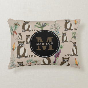 Cute Racoon in Pine Forest Pattern Monogram Decorative Cushion