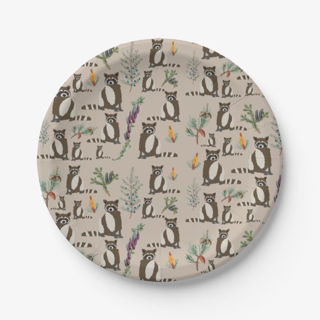 Cute Racoon in Pine Forest Pattern  Paper Plate (Front)