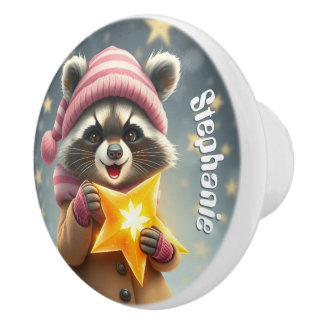 Cute racoon in pink hat and star custom name ceramic knob