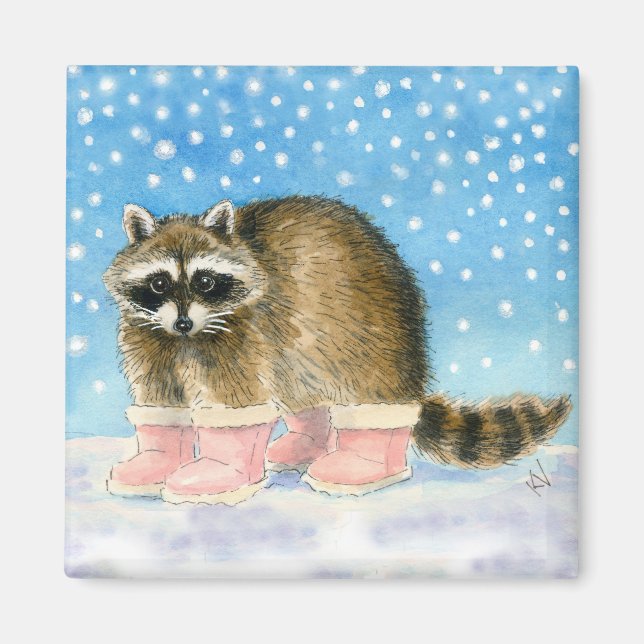 Cute racoon in pink snow boots magnet (Front)