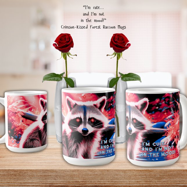 Cute Racoon In Red Forest By Stream 15 oz. Coffee Mug ("I'm cute... and I'm not in the mood!" adorable forest raccoon highlighted in vibrant red coffee mug)