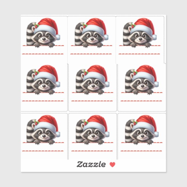 Cute Racoon in Santa Hat Christmas Labels (Sheet)