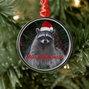 Cute Racoon in Santa Hat Holiday Metal Tree Decoration