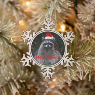 Cute Racoon in Santa Hat Snowflake Pewter Christmas Ornament