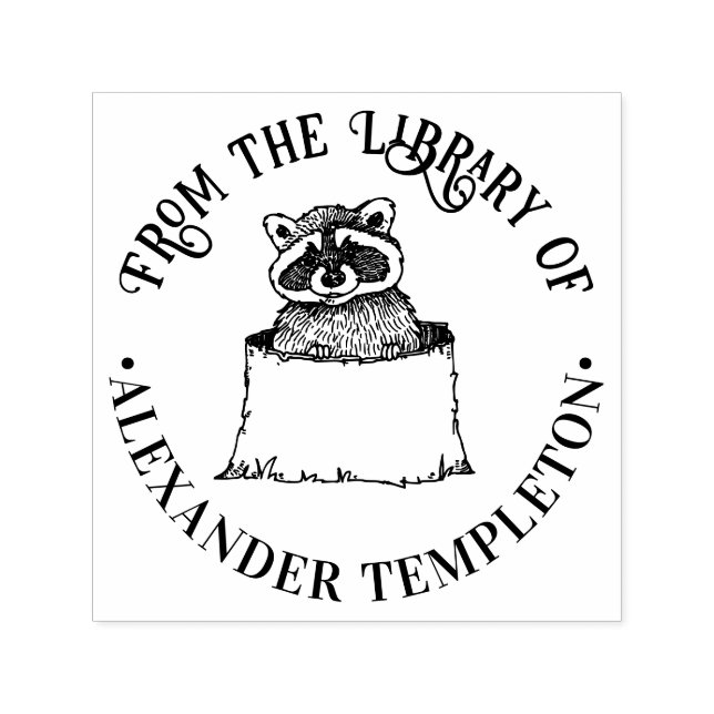 Cute Racoon in Tree Stump Round Library Book Name Self-inking Stamp (Design)