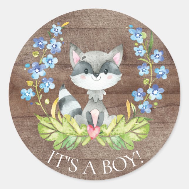 Cute Racoon It' a Boy Favour Sticker (Front)