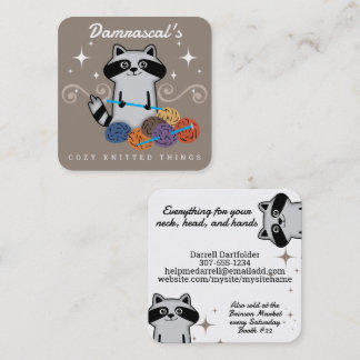 Cute racoon knitting needles yarn crafts square business card