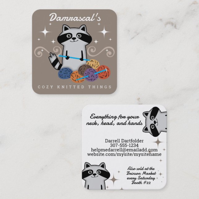 Cute racoon knitting needles yarn crafts square business card (Front/Back)