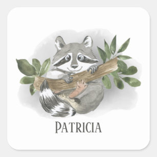 cute racoon lover add name square sticker