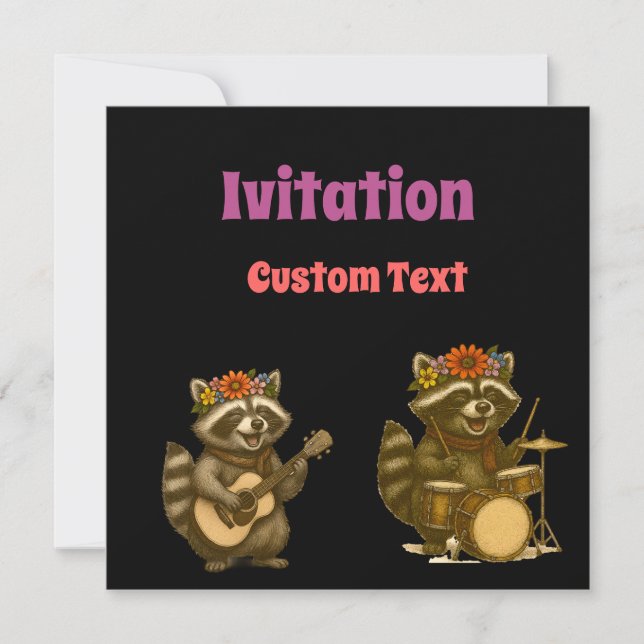 Cute Racoon Music Lover Playing Guitar & Drum Invitation (Front)