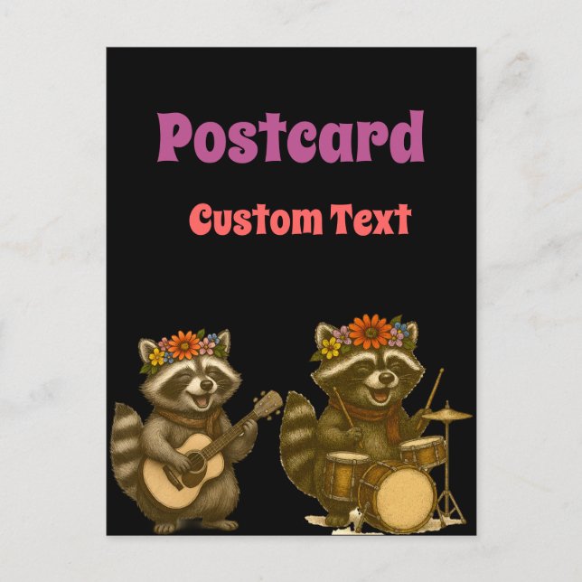 Cute Racoon Music Lover Playing Guitar & Drum Postcard (Front)