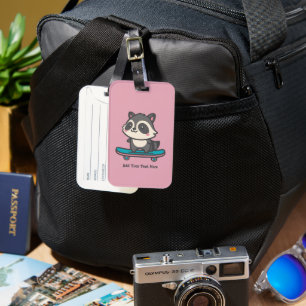 Cute Racoon on a Skateboard Personalised Text  Luggage Tag