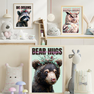 Cute Racoon, Owl, and Bear Triptych Nursery