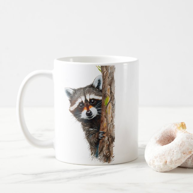Cute Racoon Peeking Tree Classic Mug (With Donut)