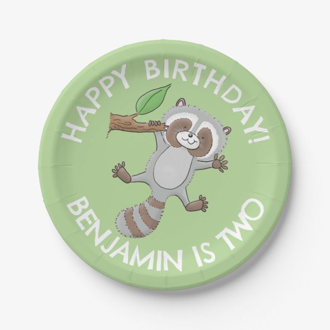 Cute racoon personalised cartoon birthday paper plate (Front)
